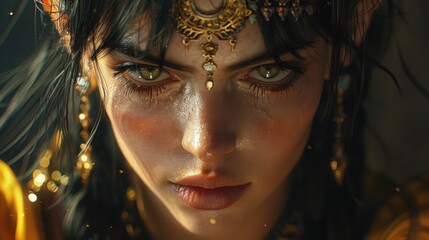 a close up of a woman's face with gold jewelry on her head and her hair blowing in the wind.