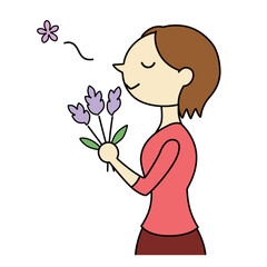 ラベンダーの香りを楽しむショートヘアの女性　主線あり