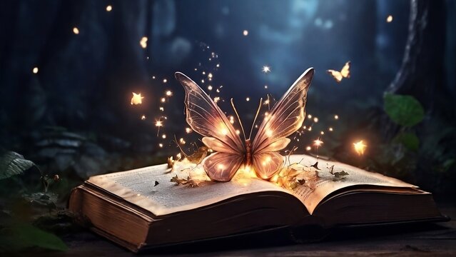Open magic book with growing lights, magic powder, butterflies. Magic book of elves in the fairy forest created with generative ai