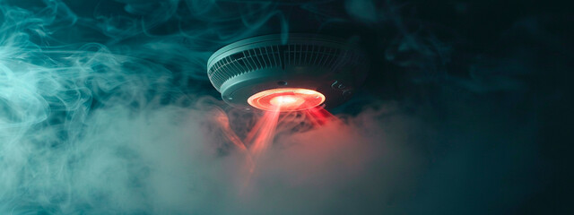 Smoke detector and smoke in the room. Selective focus. - obrazy, fototapety, plakaty
