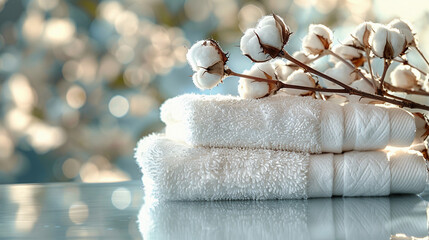 Dry, white, soft towels with decorative cotton flowers for SPA relaxation, cosmetological beauty procedures