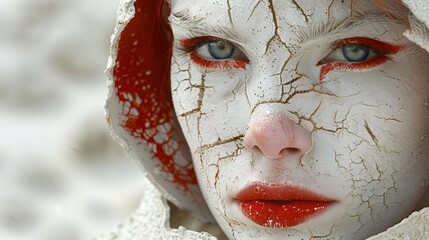 a close up of a woman's face with white paint on her face and red and white paint on her face.