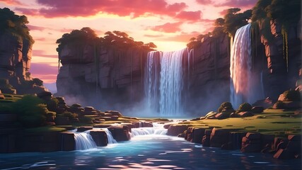 high quality, 8k, ultra HD a beautiful waterfall sunset with cloud aesthetic anime style wallpaper simple background no people 