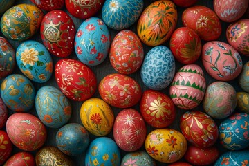 Fototapeta na wymiar Colorful painted Easter eggs, diverse patterns, top view.