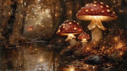 Fototapeta premium a painting of a group of mushrooms in a forest with a stream running through the middle of the forest with lights on them.