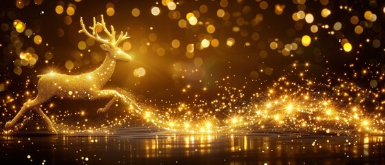 a golden deer is standing in the middle of a dark room with lights on the floor and boke of lights in the background.