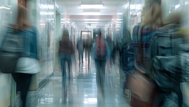 a blurred image of people walking down a hallway of a school Generative AI