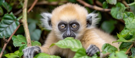 Obraz premium a close up of a monkey in a tree looking at something with a surprised look on it's face.