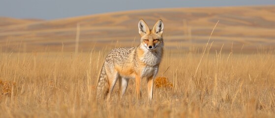 Obraz premium a lone fox standing in the middle of a dry grass field with a hill in the distance in the background.