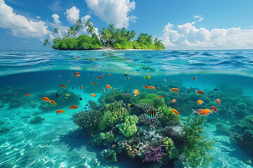view under water at island, AI generated - obrazy, fototapety, plakaty