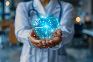 doctor in hospital with hologram heart in the hands, AI generated