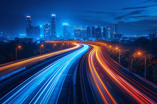 headlight trails on city highway at evening, AI generated