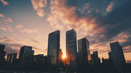 Fototapeta premium A group of towering buildings against a backdrop of the setting sun creates an abstract business and finance background.