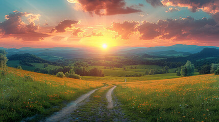 Beautiful summer mountain rural landscape; Panorama of summer green field with dirt road and Sunset cloudy sky.