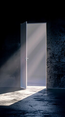 A door standing alone in a void, bathed in a soft, inviting light. mobile phone wallpaper, or advertising background