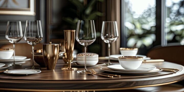 The table's elegant simplicity is adorned with fine dining essentials, inviting a gourmet experience.