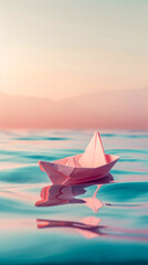 A minimalist depiction of an origami boat, floating on an imagined sea, captured in soft, pastel colors. mobile phone wallpaper, or advertising background