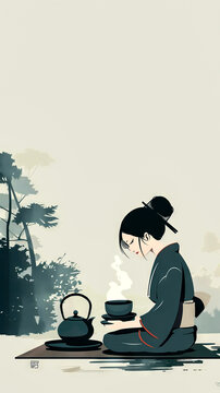 A minimalist depiction of a traditional Japanese tea ceremony, showcasing the cultural elements often explored in anime mobile phone wallpaper, or advertising background