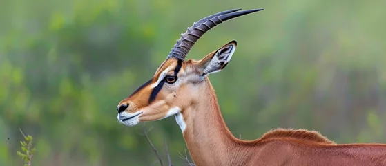 Fototapete an antelope with long curved horns standing in a grassy area with trees in the background and a blurry sky in the background. © Krister