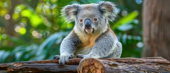 Naklejka premium a close up of a koala sitting on a tree branch with a blurry background of trees and leaves.