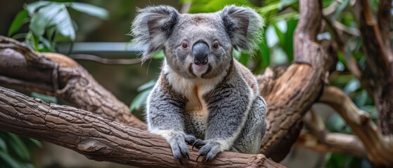a close up of a koala on a tree branch with leaves in the background and a fence in the foreground.