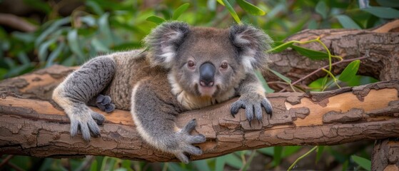Obraz premium a close up of a koala on a branch of a tree with leaves in the background and a blurry background.