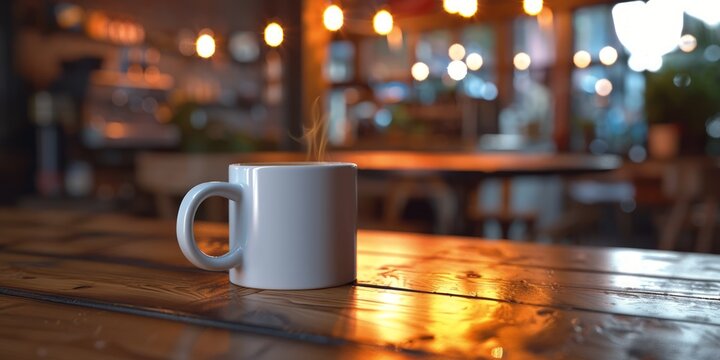 A warm mug of coffee in a serene cafe setting invites a moment of tranquil morning reflection.