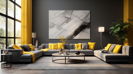 A modern living room featuring a chic yellow and gray color block design on the walls
