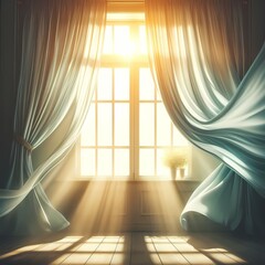  the sensation of fresh air entering from a window, with curtains billowing gently and sunlight streaming in, conveying a feeling of freshness, renewal, and tranquility, generative ai