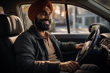 Sikh man driving car confidently, wearing a traditional turban