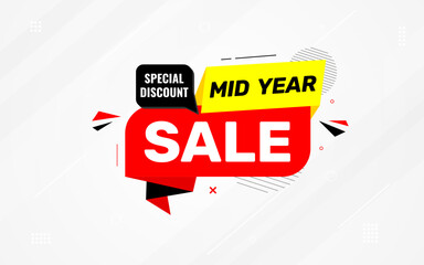 Mid Year Sale banner vector template. New Year Discount vector graphic element. Super shop label Promo design. Product opening festival background collection.