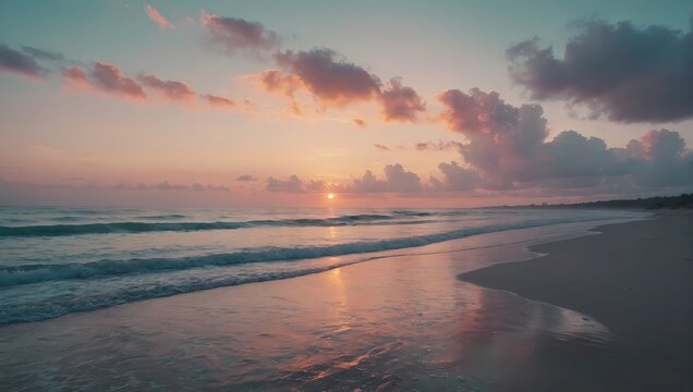 A tranquil beach at sunrise, the sky painted in pastel hues.