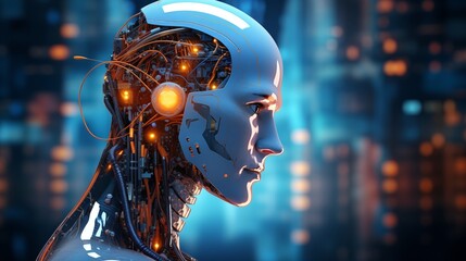 robot humanoid on neon blue background