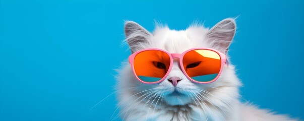 Chic cat donning sunglasses against bright blue background radiating stylish energy. Concept Fashion, Feline, Stylish, Sunglasses, Blue Background