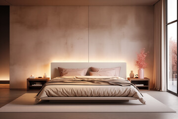 Modern home interior design. Scandinavian minimalist style bedroom interior in warm natural muted colors. Textured walls, modern wooden furniture, natural textile and materials.