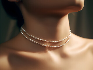 Close up of a pearl necklace on a young woman
