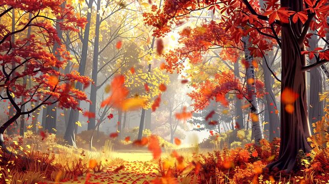 Autumn forest with leaves in various shades of red and gold. Fantasy landscape anime or cartoon style, looping 4k video animation background