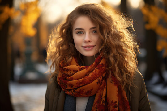 Young woman wrapped in a cozy orange scarf, enjoying a snowy winter day