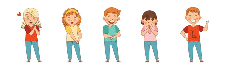 Cute Boy and Girl Showing Emoji Signs Vector Set