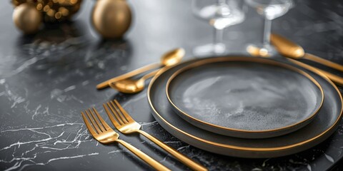 Elegant table setting with gold cutlery on a dark marble background