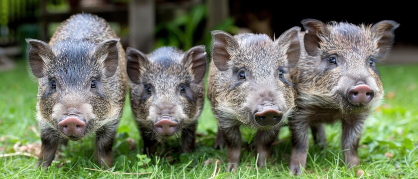 a group of small pigs standing next to each other on top of a lush green grass covered field on a sunny day.