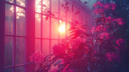 a plant in front of a window with the sun shining through the window and the plant in front of the window.