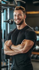 Fototapeta na wymiar American Male Personal Trainer Smiling with Gym Background