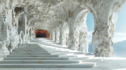 a set of white steps leading up to a tunnel in a mountain with snow on the walls and a blue sky in the background.