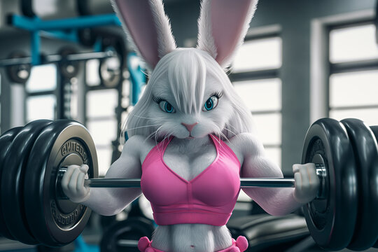 Bunny lifting weights in a gym