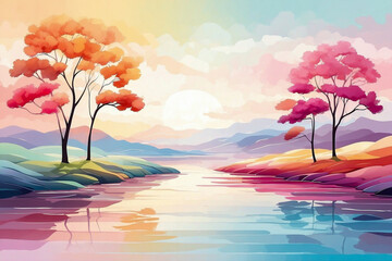 Beautiful illustration of  river and trees in fantasy harmonious colors