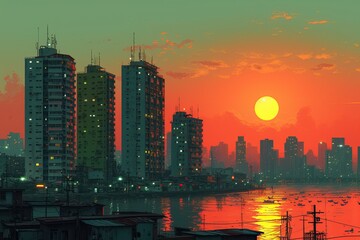 Fototapeta na wymiar The minimalist illustration shows a sunset over a dark city
