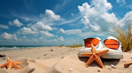 A serene beach scene with abandoned shoes, trendy sunglasses, vibrant starfish on golden sand under the radiant sun and clear blue sky, fluffy white clouds in the background.