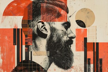 Bearded man is artfully merged with stark geometric patterns and a minimalist color palette