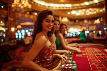 three gorgeous girls wearing fancy luxury dresses as dealers poker card at a casino party - obrazy, fototapety, plakaty
